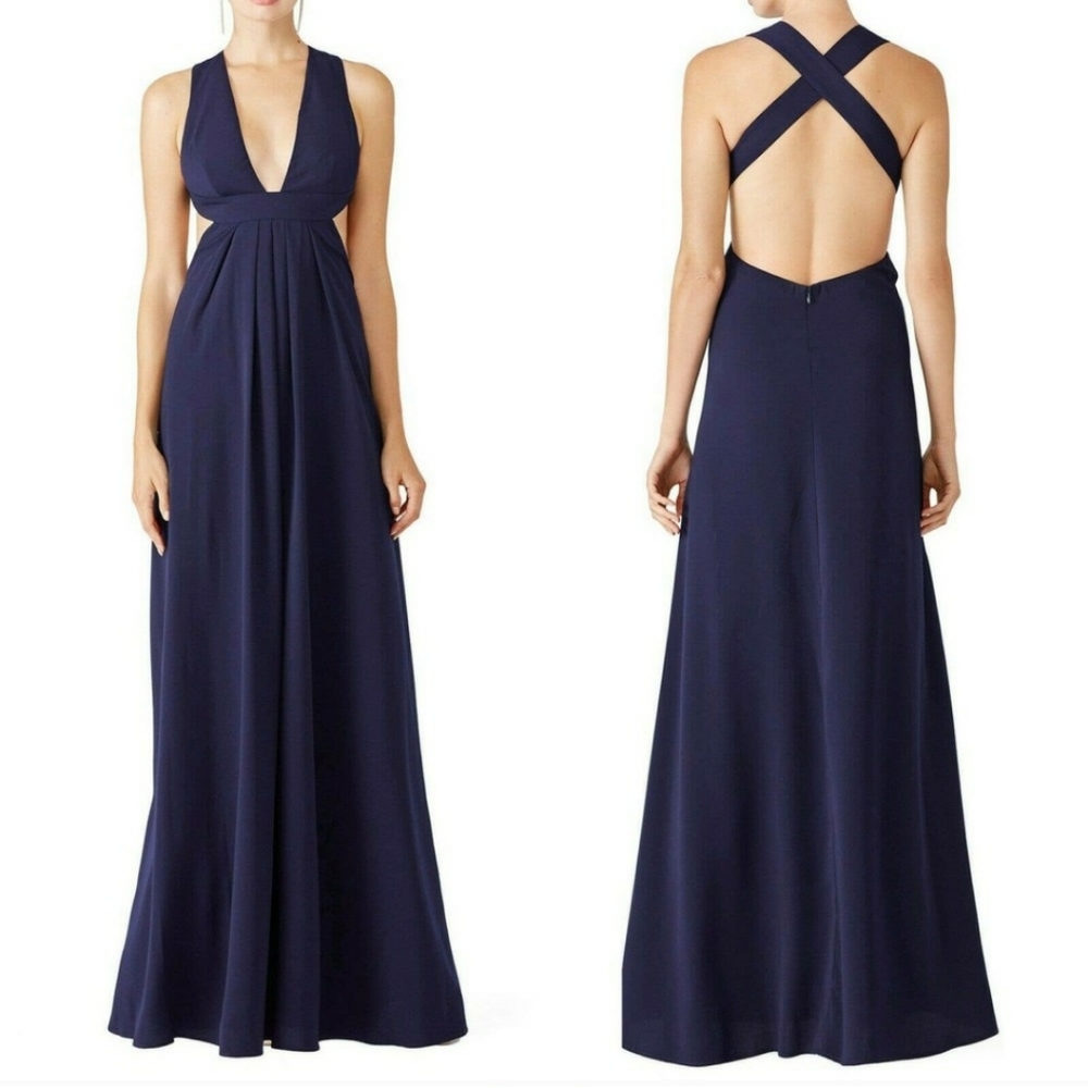 JILL STUART Crepe Deep-V Cross Back Gown Blue